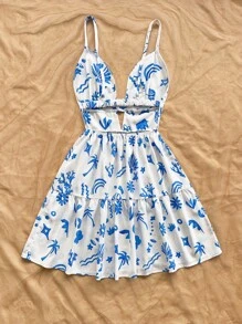 Soleia 女士度假主题水彩海洋印花休闲迷你连衣裙，适合海滩度假、夏季、返校、休闲、约会、下午茶、海滩、游轮、公路旅行、音乐节、波西米亚风度假 - 藍白色 - 查看 2