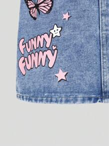 Denimly Fashion Casual Butterfly, Letter, Heart & Floral Printed Denim Mid-Length Skirt For Teenage Girls, Elastic Waist & Zipper Closure - Medium Wash - View 7