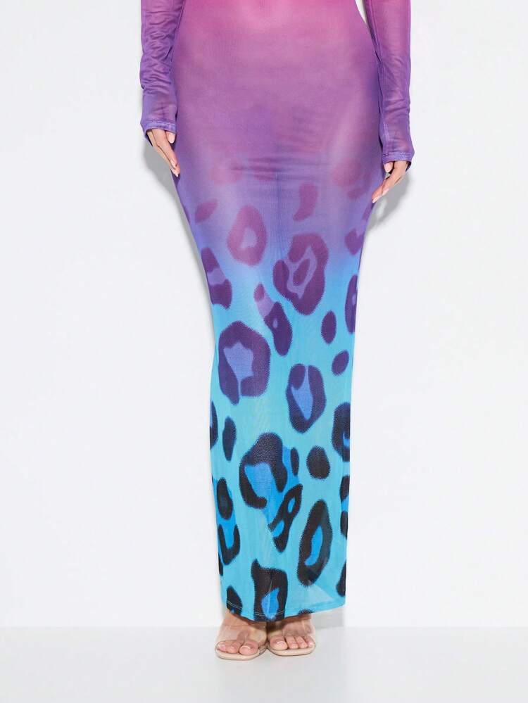 KIZN Backless Bodycon Gradient Leopard Print Maxi Dress