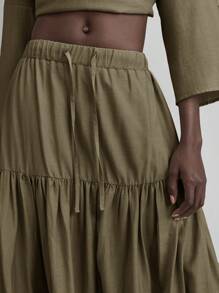 Ontre Váy suông màu trơn có dây rút eo nhún bèo cho nữ mùa hè/thu, thanh lịch cho kỳ nghỉ lễ hội âm nhạc bãi biển - màu nâu - Xem 3