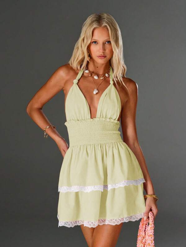 TRNVIE Women's Vacation Drawstring Waist Sexy Mini Halter Dress