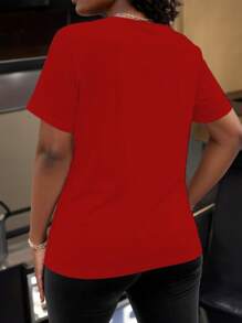 SHEIN LUNE Áo thun tay ngắn cổ tròn in khẩu hiệu thường ngày cỡ lớn mùa hè cho quần áo năm mới Áo thun họa tiết dành cho nữ - Đỏ - Xem 2