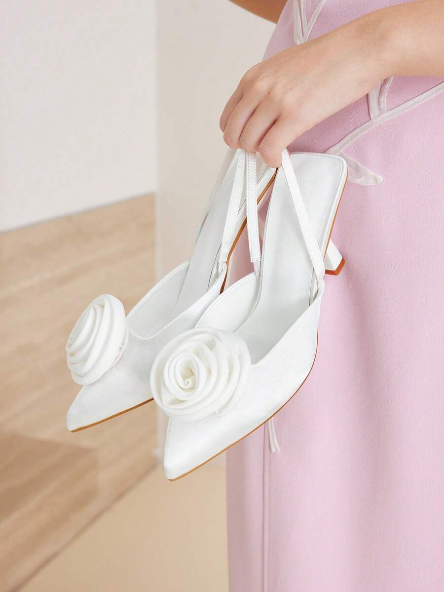 MOTF PREMIUM POINTED-TOE ROSE DECOR ELEGANT LADIES HIGH HEEL PUMPS SPRING SHOES - White - View 1