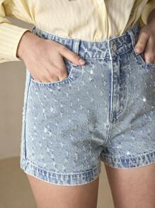 SHEIN BAE Damen Skinny Lässig Jeans-Shorts mit Taschen - Blau - Übersicht 7