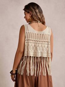 SHEIN VCAY 大码女式宽松针织上衣，流苏下摆，休闲钩针背心，可爱夏季上衣，适合夏季复活节、节日、锐舞派对、波西米亚风、毕业典礼、婚礼宾客、女士度假、波西米亚风音乐节、乡村音乐会、早午餐等场合。 - 杏色 - 查看 2