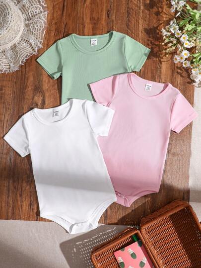 SHEIN 3 件套女婴简约纯色短袖连体衣，休闲百搭设计，适合春夏季，适合婴儿的实用日常穿着