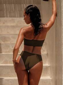 Swim Basics 2件套女士夏季海滩度假纯色褶皱露肩休闲比基尼套装泳装 - 卡其色 - 查看 4