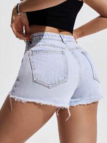 SHEIN EZwear 女式休闲水洗破洞牛仔短裤 - 淺色水洗藍 - 查看 7