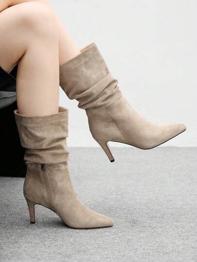 CUCCOO BIZCHIC Pointed Toe Kitten Heel Khaki Fashionable Slip-On Pleated Suede Mid-Calf Boots For Women For Christmas