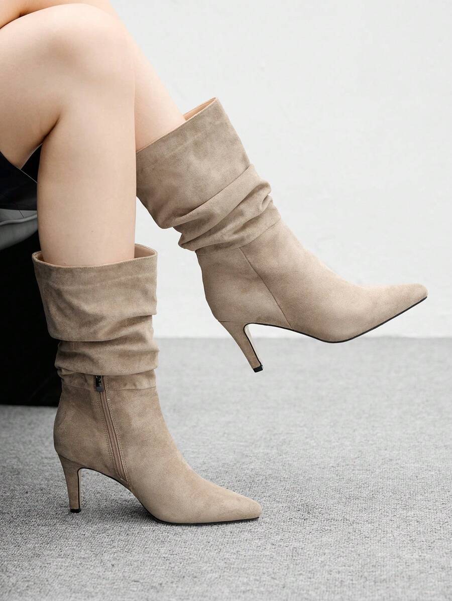 CUCCOO BIZCHIC Pointed Toe Kitten Heel Khaki Fashionable Slip-On Pleated Suede Mid-Calf Boots For Women For Christmas - Khaki - View 1