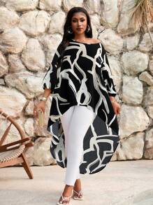SHEIN Lady Mùa xuân và mùa hè thanh lịch đi làm văn phòng giản dị Boho đen và trắng dệt cổ tròn cao thấp tay áo cỡ lớn áo phông cỡ lớn áo cánh - Đen và trắng - Xem 4