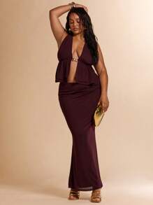 SHEIN BAE Plus Size Women Spring/Summer Vacation Outfit, 2 Pieces Set, Metal Decor Top,4th Of July Curve,Beach Outfit For Women,Airport Outfit Women,Festival Outfits Women,Graduation ,Women Summer Clothes,Going Out Tops Women,Rave Outfits,Club Outfits Women Sexy,Birthday Outfits For Women,Western Wear Women,Wedding Guest Dress Women,Holiday Outfits,Summer Outfits For Women,Vacation Set,Skirt - Brown - View 7