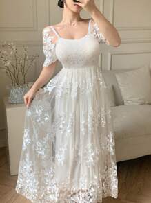 DAZY Đầm midi nữ thanh lịch phối ren, cổ vuông, tay phồng, thích hợp cho các dịp trang trọng, mùa hè. - trắng - Xem 3