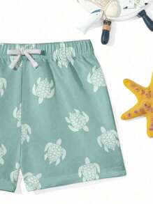 Tween Boys' Casual Fashionable Cute Cartoon Turtle Print Loose Beach Shorts, Suitable For Summer, Beach, Outdoors, Swimming