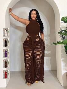 Maweii 大码女式毛衣套装纯色白色吊带背心+破洞流苏性感裤休闲性感派对针织套装度假夏季女装 - 棕色 - 查看 1