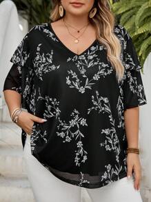 SHEIN CURVE+ 大码女式V领短袖雪纺印花荷叶边袖口宽松衬衫 - 彩色 - 查看 4