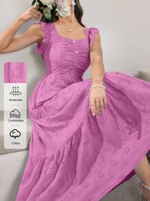 Modelyn 方领无袖荷叶边珍珠纽扣点缀蓝色刺绣连衣裙 - 粉色 - 查看 1