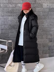 DAZY Tween Girls Hooded Casual Mid-Length Loose Straight Padded Coat Winter - Black - View 4
