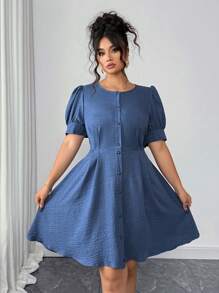 Elenzga Plus Size Crew Neck Denim Effect Short Sleeve A-Line Waist Midi Dress - Blue - View 6