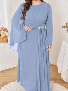 Modelyn Plus Size Women Elegant Rhinestone Embellished Slim Waist Round Neck Party Dress Fall Cloth For Women