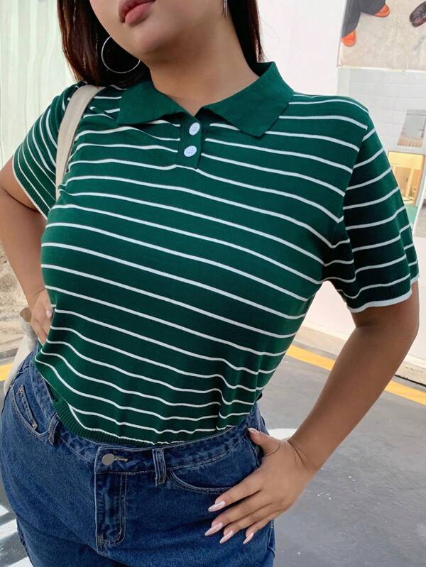 Dazy Plus Top de punto de manga corta con cuello de polo a rayas, suelto, para verano