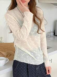 DAZY 女式半高领花卉装饰透明长袖休闲衬衫 - 米色 - 查看 5