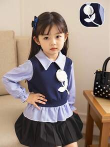 女童条纹领衬衫，甜美公主风蓝白条纹长袖拼接，饰有3D立体花朵荷叶边下摆，柔软轻盈，适合春秋季、开学季及四季穿着 - 藍色 - 查看 3