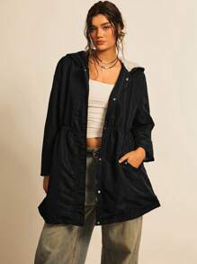 SHEIN LUNE Plus Size Waisted Hooded Jacket, For Winter Fall Autumn - Black - View 3