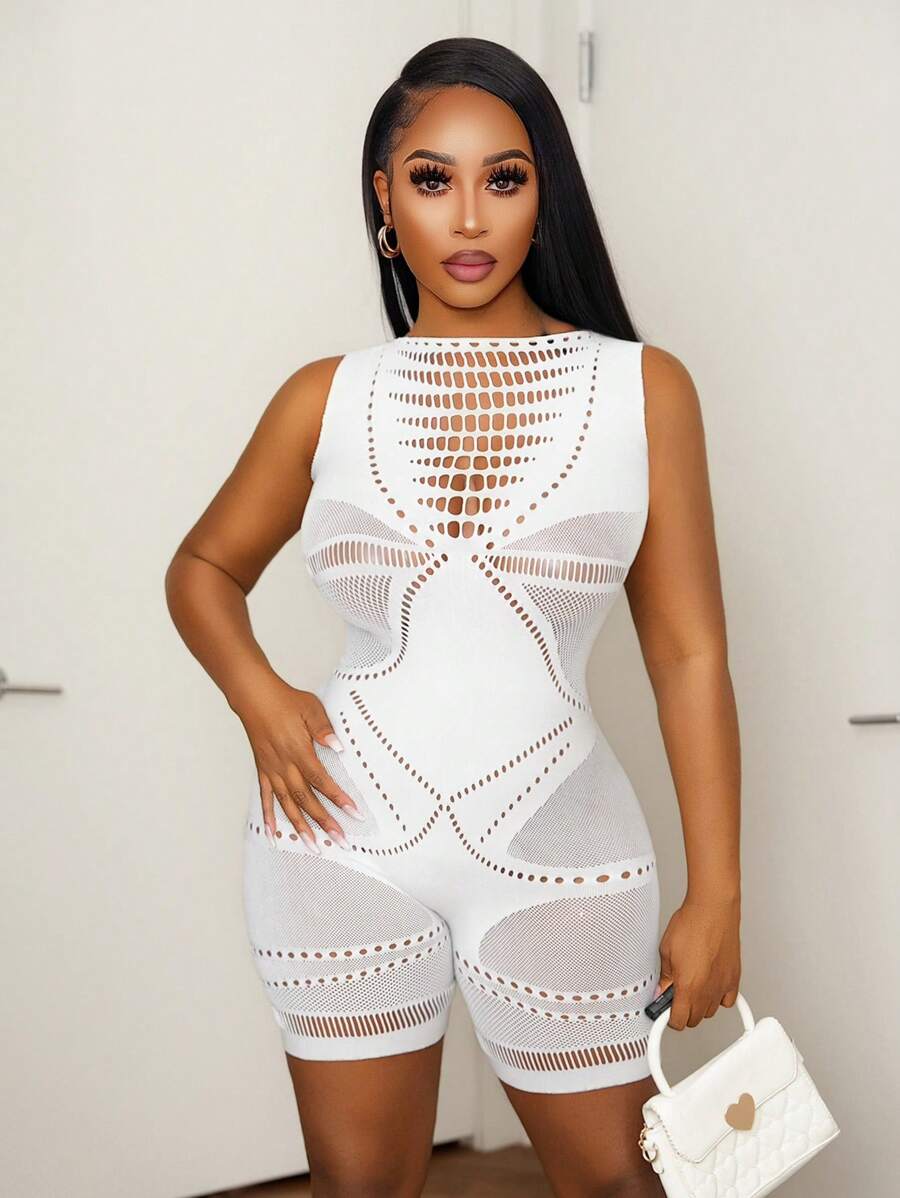 BamGleam 女士纯色无袖性感镂空连体衣