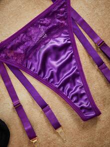 4 件加大码性感缎面蕾丝鱼骨开叉丁字裤，紫色和黑色，复古宫廷风内衣，狂野风 - 紫色 - 查看 8