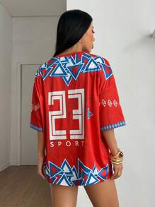 StreetHx Camiseta deportiva de mujer con bloqueo de color rojo y azul, escote en V y manga corta - Multicolor - Ver 2