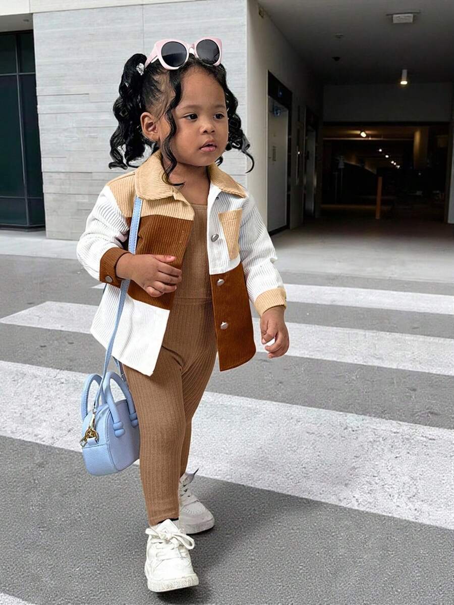 SHEIN 3 قطع مجموعة جاكيت معطف مخمل مربعات ألوان طوي الياقة وبنطلون خصر مطاطي للفتيات الصغار، الألوان: وردي، أزرق، أبيض، ملابس كاجوال للخارج ، خريف/شتاء