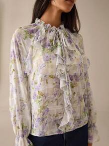 Lilora Blusa elegante de manga larga con volantes y estampado floral para vacaciones, de estilo urbano para salir - Camiseta divertida de mujer de manga larga y volantes, de estilo urbano, romántico y elegante, para salir - Púrpura malva - Ver 7