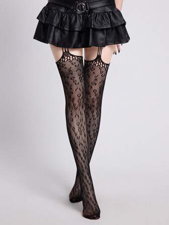 Goth 1 Pair Sexy Minimalist Black Leopard Print Suspender Stockings, Ultra-Sheer Elastic Opaque Tights