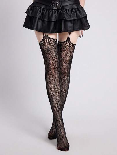Goth 1 par de medias suspensor sexy minimalistas con estampado de leopardo negro, mallas opacas ultraligeras y elásticas