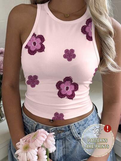 Mulvari Top de tirantes ajustado de mujer con estampado floral casual de cuello redondo, adecuado para el verano
