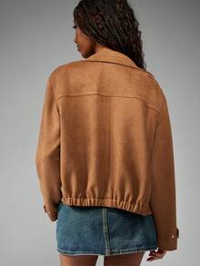 MISSGUIDED Suede Zip Front Bomber Fall Winter Fashion Soft Cropped Classic Jacket With Stand Collar Elastic Waistband Daily Casual Outerwear - Khaki - View 2