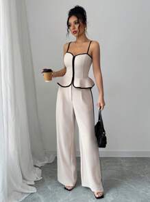 Elenzga 2 件套女士优雅串珠撞色吊带背心和长裤 - 彩色 - 查看 5