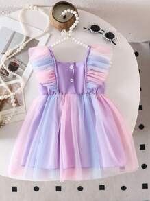 SHEIN 女婴夏季韩版修身可爱粉色雪纺拼接彩色网纱荷叶边蝴蝶结装饰连体连衣裙 - 紫色 - 查看 2