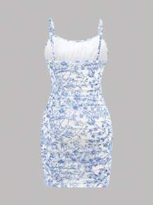 SHEIN Girlism Đầm mini giản dị không tay in họa tiết hoa lưới hai lớp co giãn nhún bèo nhún cho bé gái tuổi mới lớn - Màu xanh lam - Xem 2