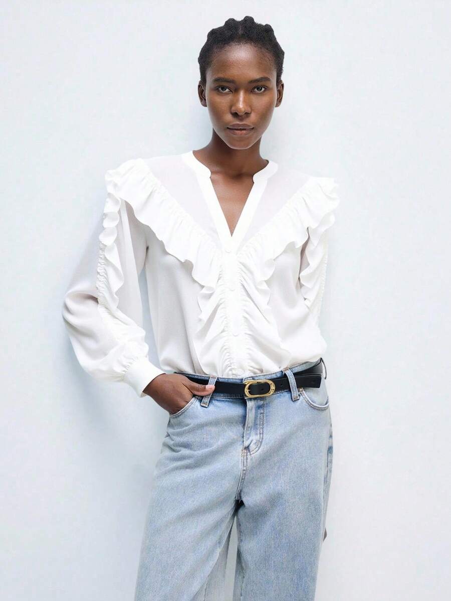 Maija 2025 Blusa Elegante com Decote em V, Manga Longa e Babado para Mulheres, Adequada para Férias de Primavera/Verão, Mês do Orgulho, Design Elogioso e Versátil, Confortável de Usar. Verão Branco para Mulheres, Férias na Praia, Aniversário, Professores, Férias de Verão, Verão Europeu, Praias para Mulheres, Férias na Praia