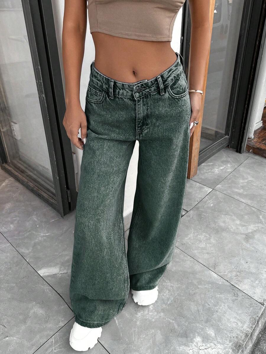 EURMUSE 100% Cotton WIDE LEG LOW WAIST JEANS - Teal Blue - View 1