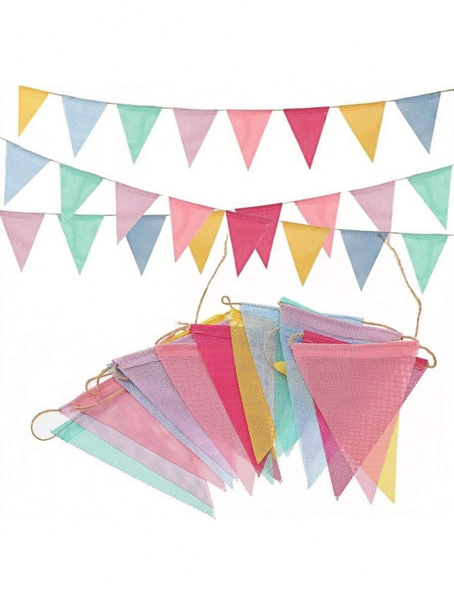 1 套 3.6 米粗麻布卡其色横幅、粗麻布三角旗、亚麻彩旗、花环丝带，适用于生日、婚礼、派对、露营、波西米亚春季复活节、节日派对装饰 - 彩色 - 查看 1