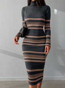 EURMUSE Damska sukienka dzianinowa z wysokim kołnierzem i długim rękawem w paski
