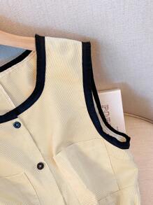 Franclia Einfaches & schickes Damen Ärmellos Hemd mit Kontraststreifen & Bändern, Frühling/Sommer - Gelb - Übersicht 4