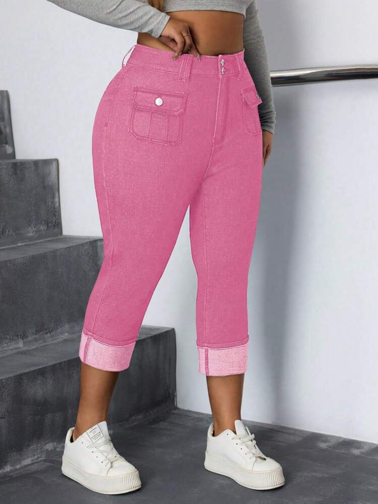 SHEIN CURVE+ Bohemian Style Plus Size Women Elastic Tight Folding Hem 3/4 Jeans, Autumn - Pink - View 3