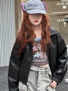 DAZY Teen Girls PU Casual Street Long Sleeve Jacket, Korean Padded Coat Winter Leather Jacket - Black - View 3