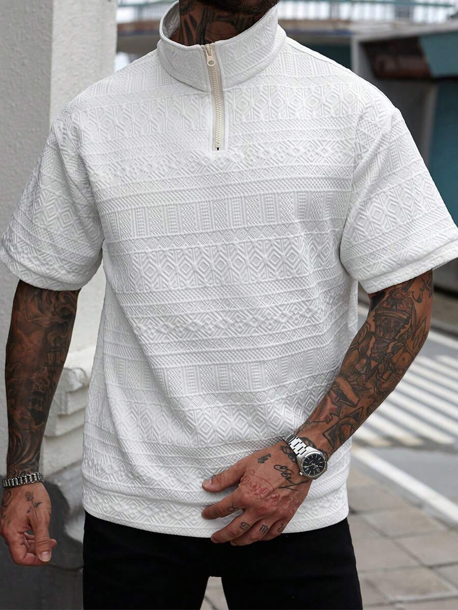 Manfinity Homme Tricou polo bărbătesc cu textură geometrică, casual, cu mânecă scurtă - alb - Vizualizare 1