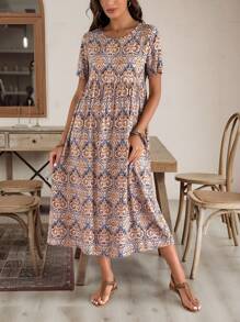 EMERY ROSE 女士休闲超长沙滩裙，全身印花 - 卡其色 - 查看 8