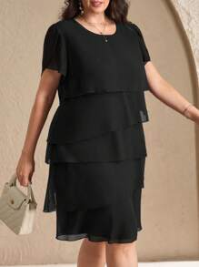 Chikora Đầm xếp lớp mùa hè thường ngày cổ tròn tay loe màu trơn cỡ lớn - màu đen - Xem 4